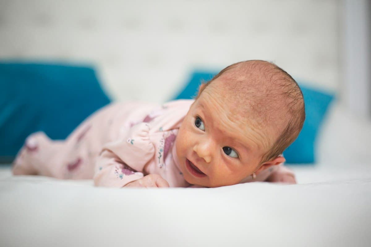 A newborn on their tummy, lifting their head to look around