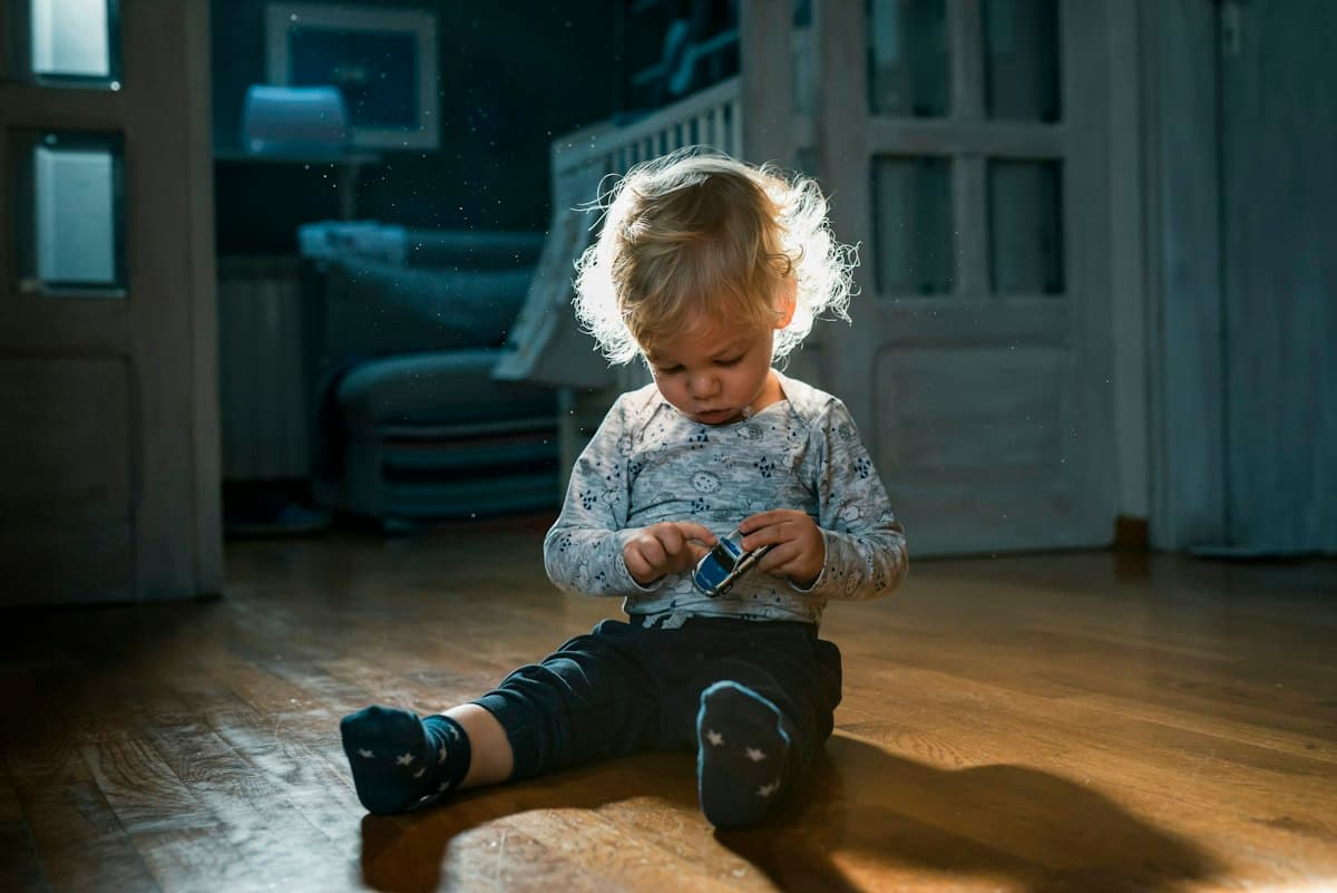 A toddler sitting on a wooden floor, playing with a small toy